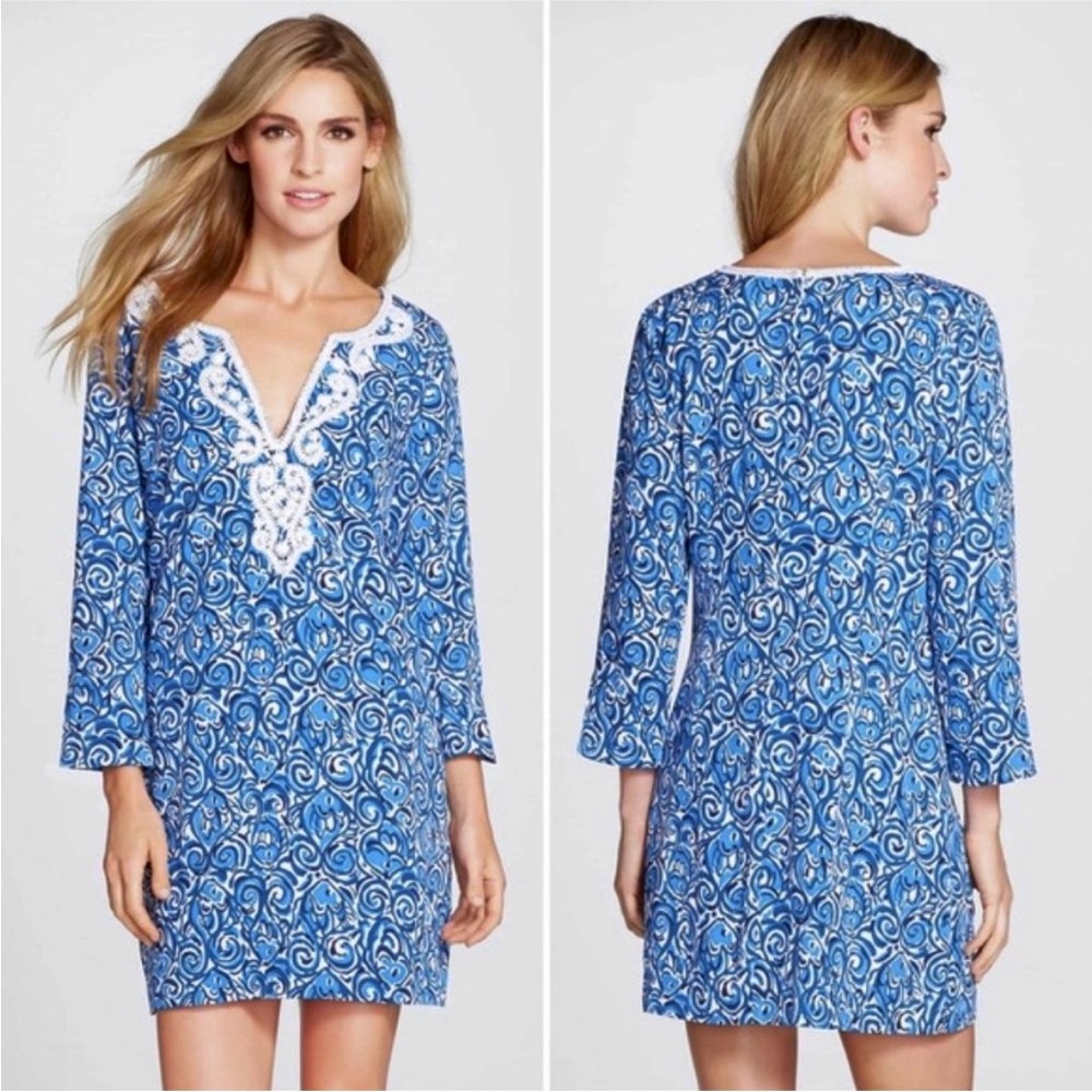 LILLY PULITZER JULIANNA BEADED TUNIC DRESS In Indigo Chasing Tail Style 97409